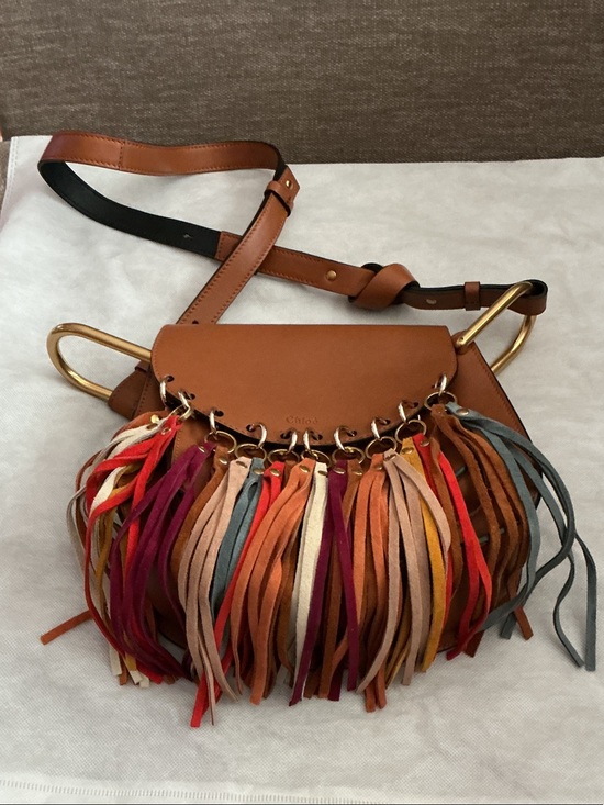 Chloe Handbags - Chloe Tan Leather Crossbody Bag with Multicolor Suede Fringe